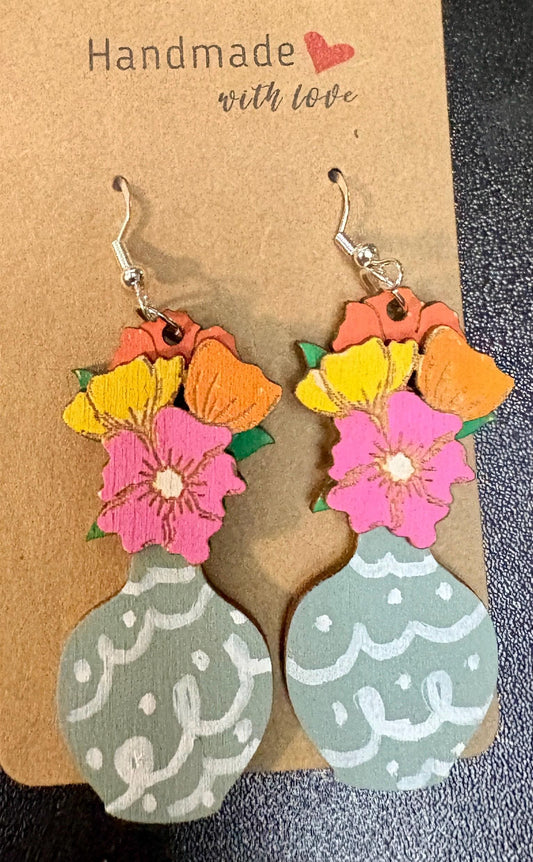 Elegant Flowers in Vase Dangle Earrings