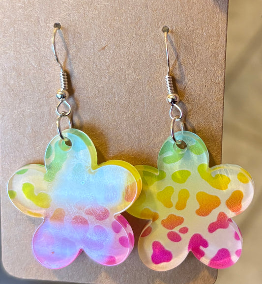 Acrylic Printed Rainbow Leopard Dangle Earrings