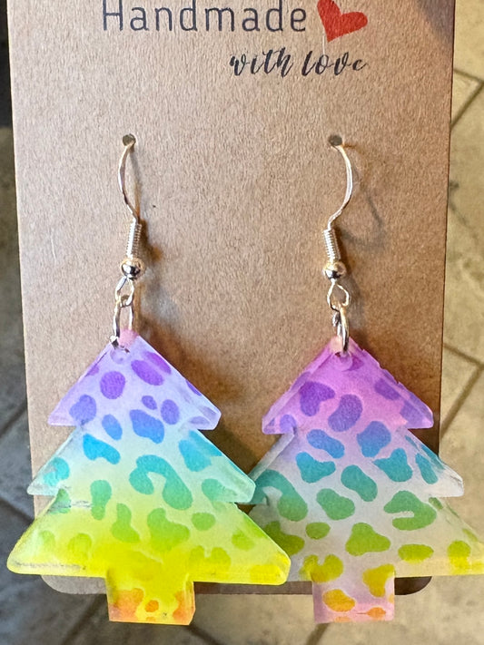 Acrylic Printed Rainbow Leopard Dangle Earrings