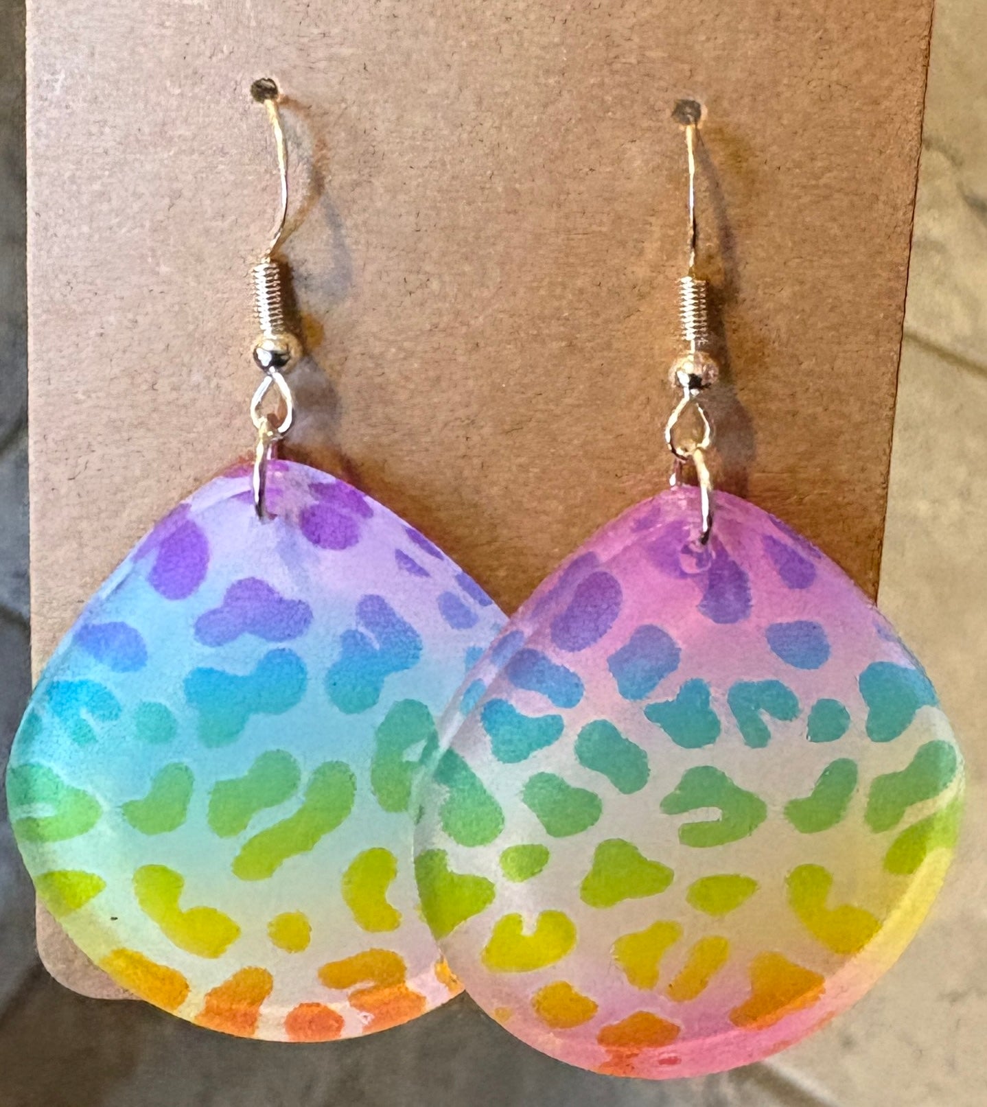 Acrylic Printed Rainbow Leopard Dangle Earrings