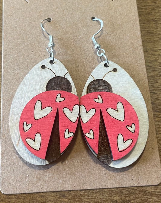 3D Ladybug Heart Dangle Earrings