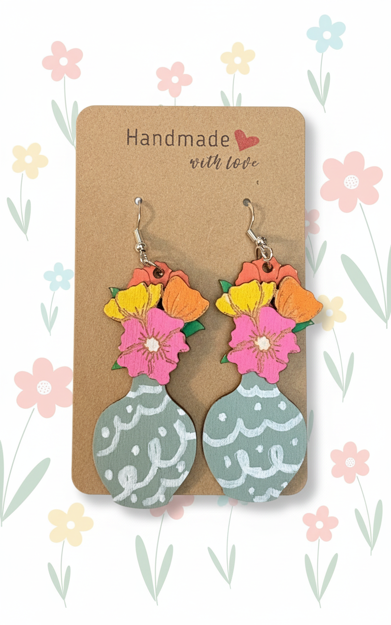Elegant Flowers in Vase Dangle Earrings