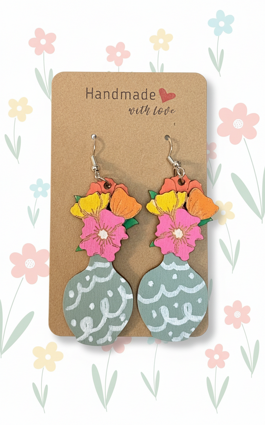 Elegant Flowers in Vase Dangle Earrings